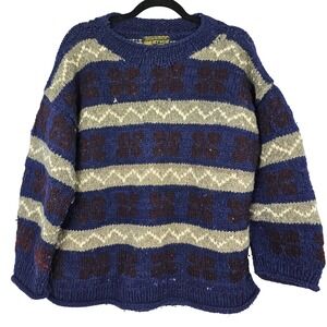 Rey Wear Handmade Ecuador 100% Wool Chunky Knit Striped Sweater Blue Grey Large